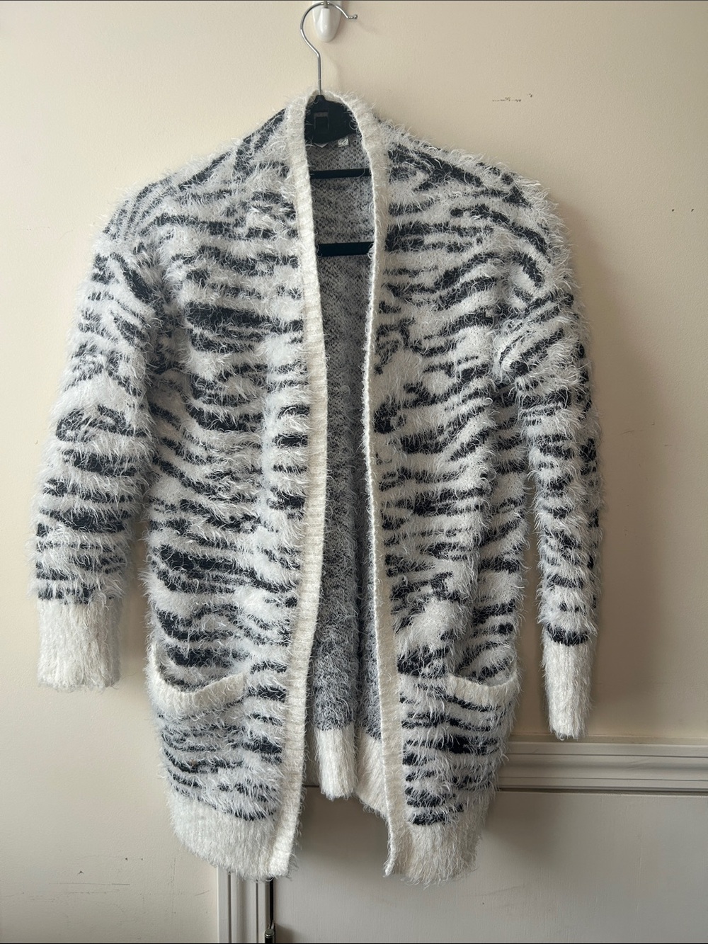 Mudd Black and White Fuzzy Zebra-Print Open Cardigan
